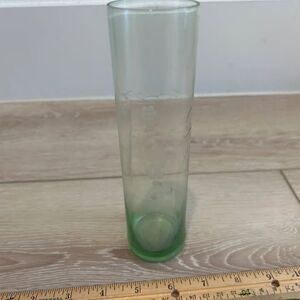 9" green glass bud vase with etched grapes